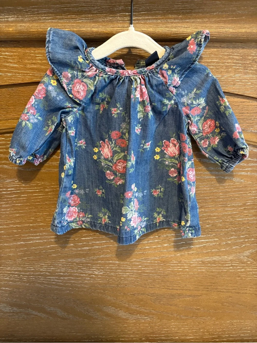 GAP Floral Denim Ruffle Shoulder Dress